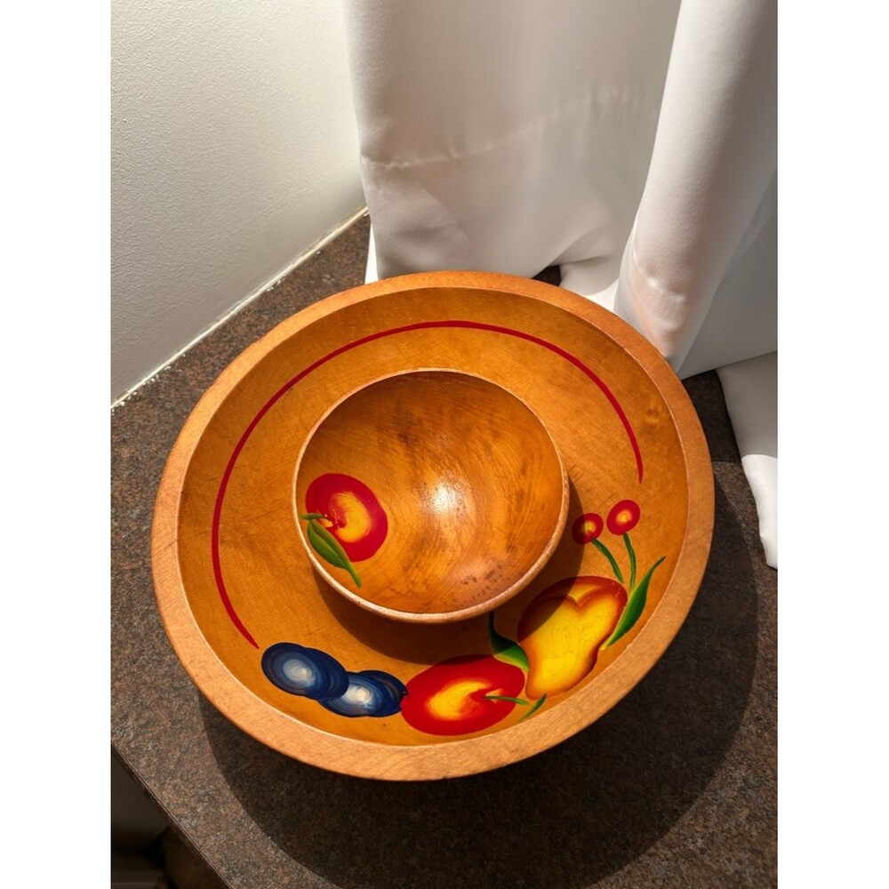Vintage Hand-Painted Footed Wooden Salad Bowl Set, only 1 small bowl